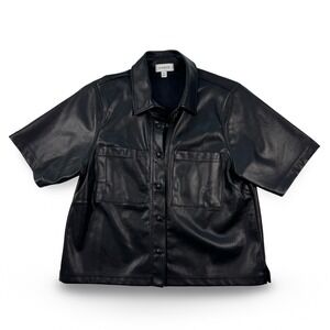 EVEREVE Cropped Black Faux Leather Short Sleeve Button Up Shirt Top Size M